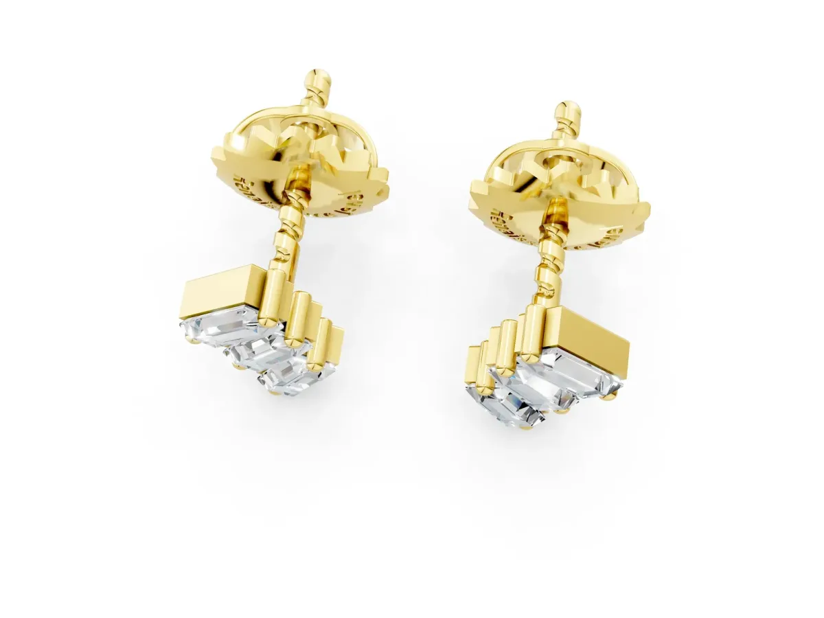 Baguette Diamond Three-Stone Stud Earrings Yellow gold