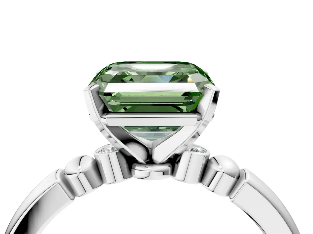 Fancy Green Asscher Cut Solitaire Beaded Band with Four-Prong Setting Platinum