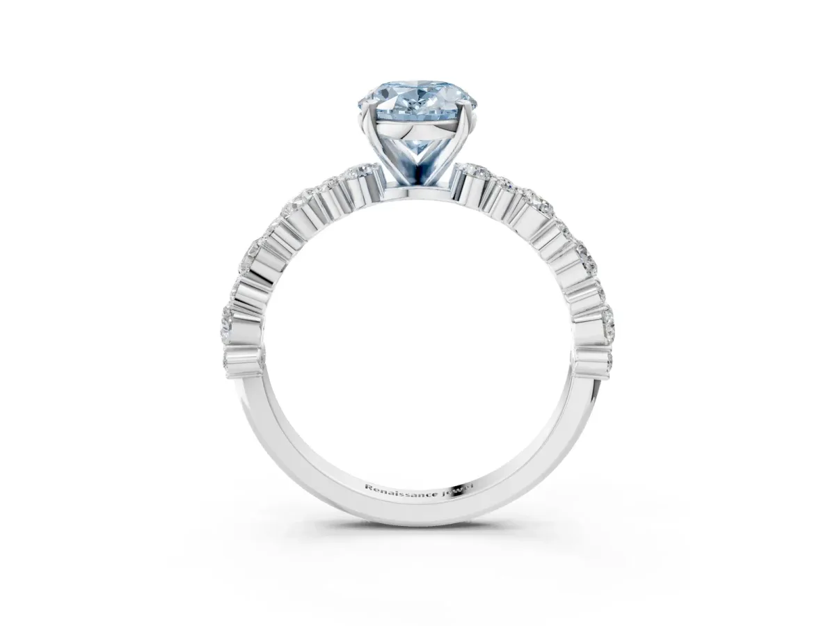 Fancy Blue Oval Cut Diamond Side Stone Solitaire Ring with Round and Four-Prong Setting White gold