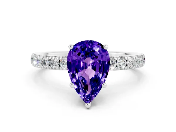 Pear Cut Tanzanite Pave Band Solitaire Ring with Round and Prong Setting White gold