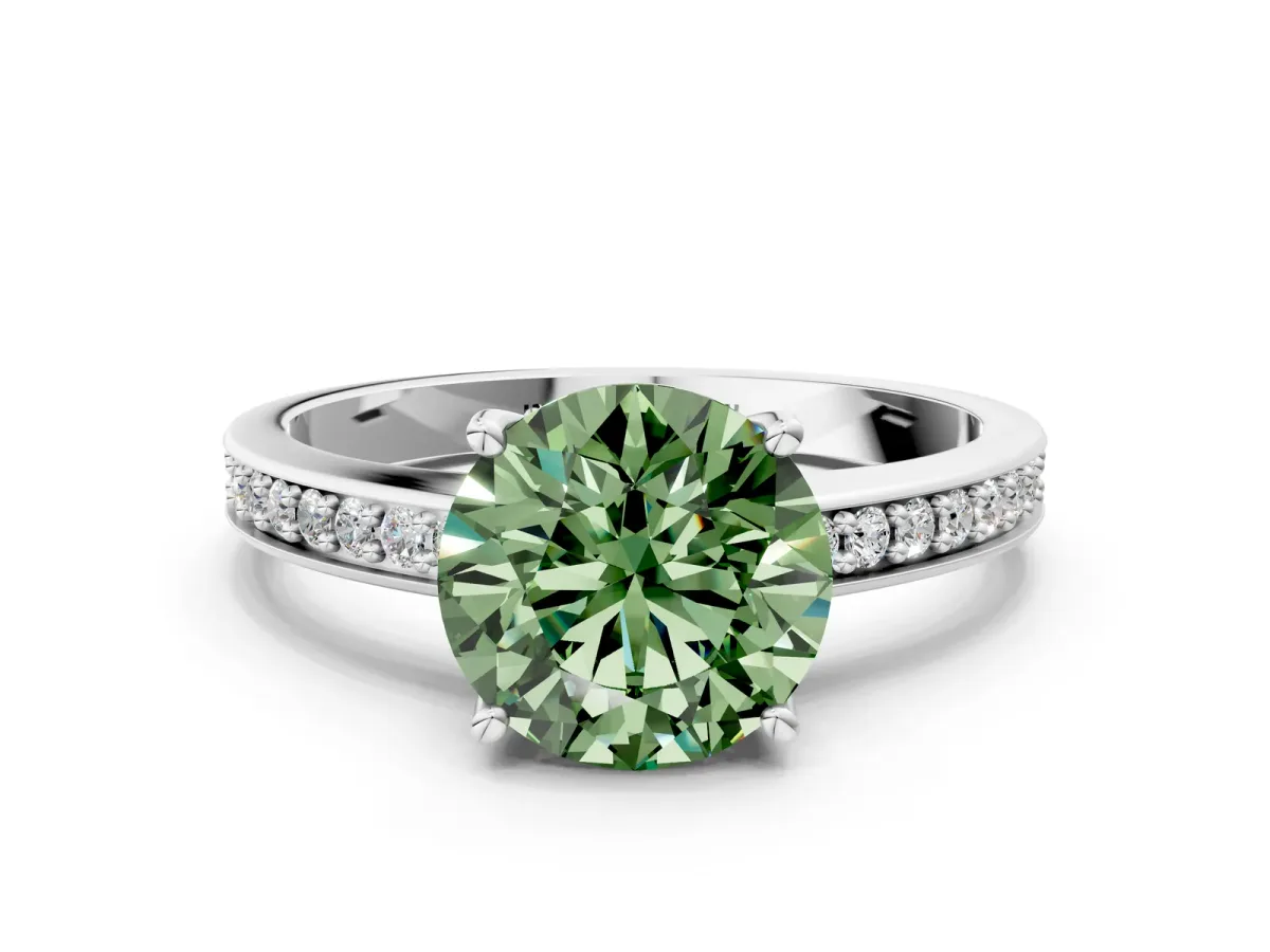 Fancy Green Round Cut Solitaire Pavé Band Prong Setting Ring Silver