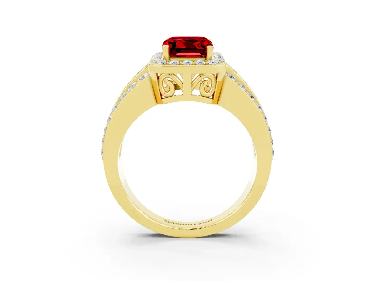 Emerald Cut Halo Ruby Ring with Round Split Shank and Prong Setting Yellow gold