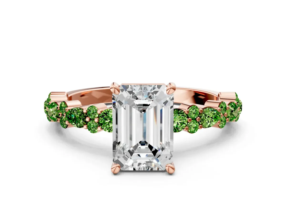 Emerald Cut Diamond Side Stone Solitaire Ring with Round Peridot and Four-Prong Setting Rose gold