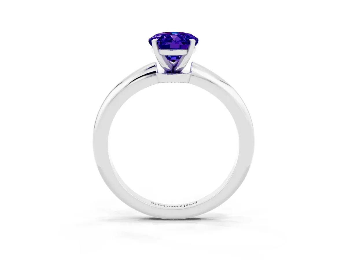 Oval Cut Tanzanite Solitaire Ring with Six-Prong Setting and Classic Band Silver