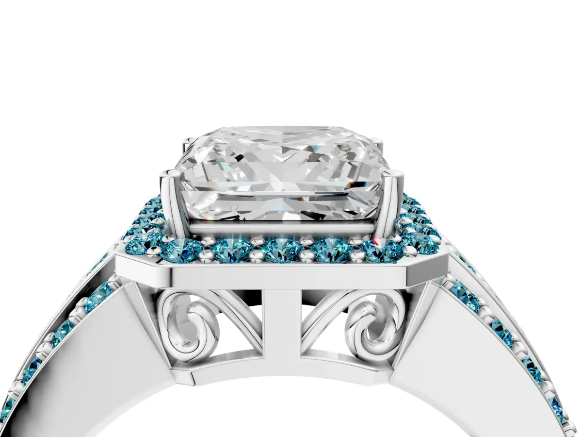 Princess Cut Halo Diamond Ring with Round Blue Topaz Split Shank and Prong Setting Silver