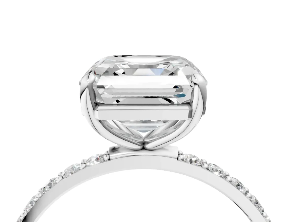 Asscher Cut Diamond Solitaire Ring with Round Pavé Band and Prong Setting Platinum