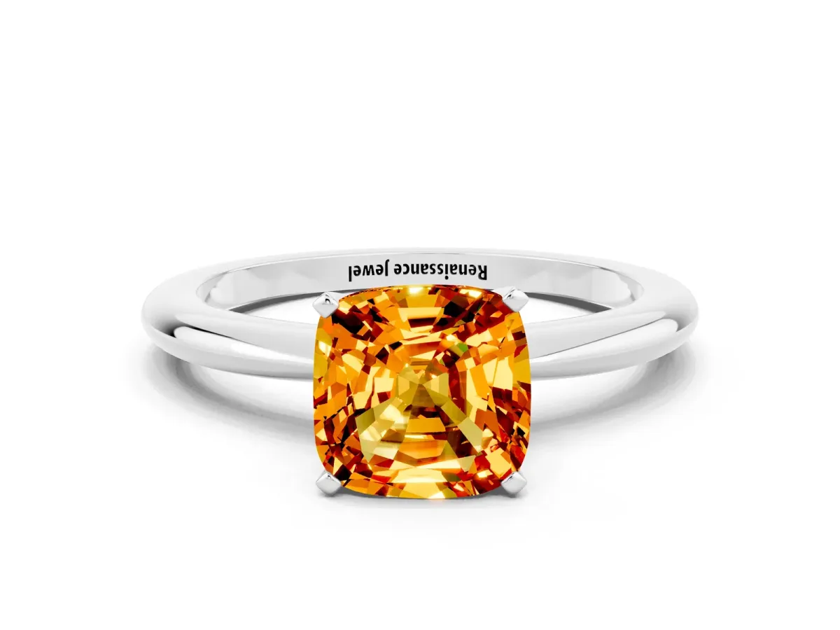 Cushion Cut Citrine Solitaire Ring with Six-Prong Setting and Classic Band Platinum