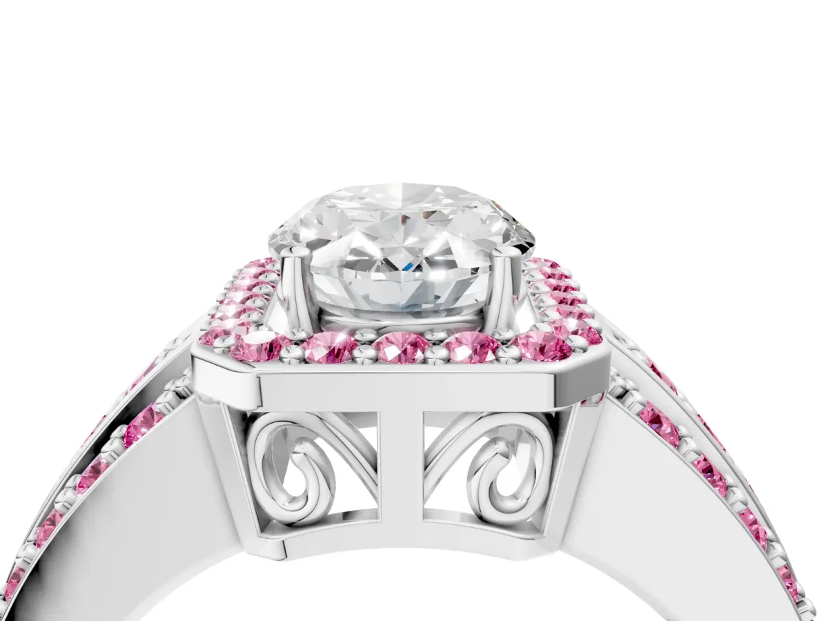 Oval Cut Halo Diamond Ring with Round Pink Sapphire Split Shank and Prong Setting Silver