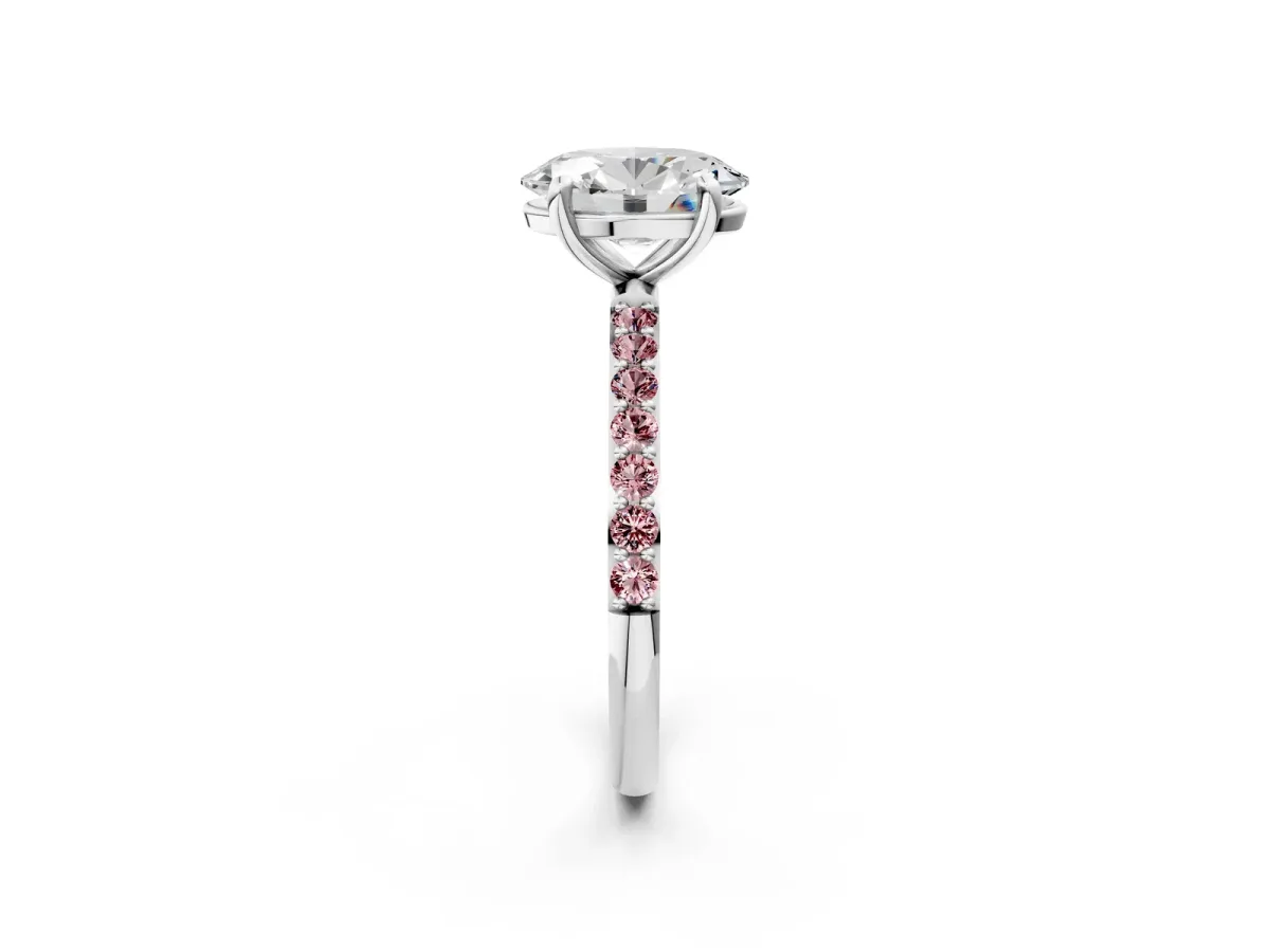 Oval Cut Diamond Solitaire Ring with Round Morganite Pavé Band and Prong Setting Silver
