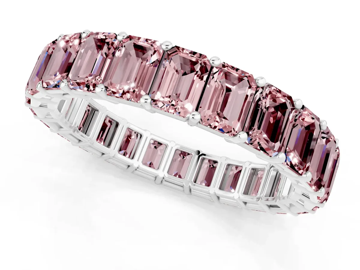 Emerald Cut Morganite Eternity Band with Shared Prong Setting Silver