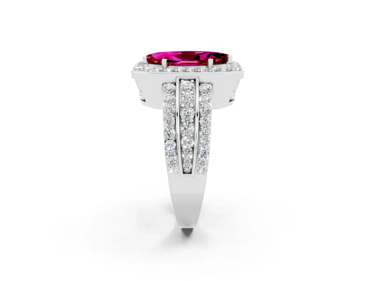 Marquise Cut Halo Garnet Ring with Round Split Shank and Prong Setting Platinum