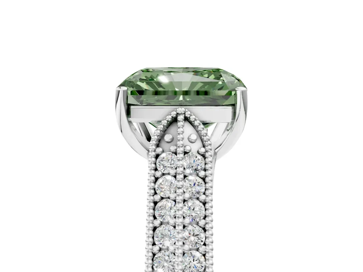Fancy Green Radiant Cut Cut Pave Split Shank Engagement Ring with Four-Prong Setting Platinum