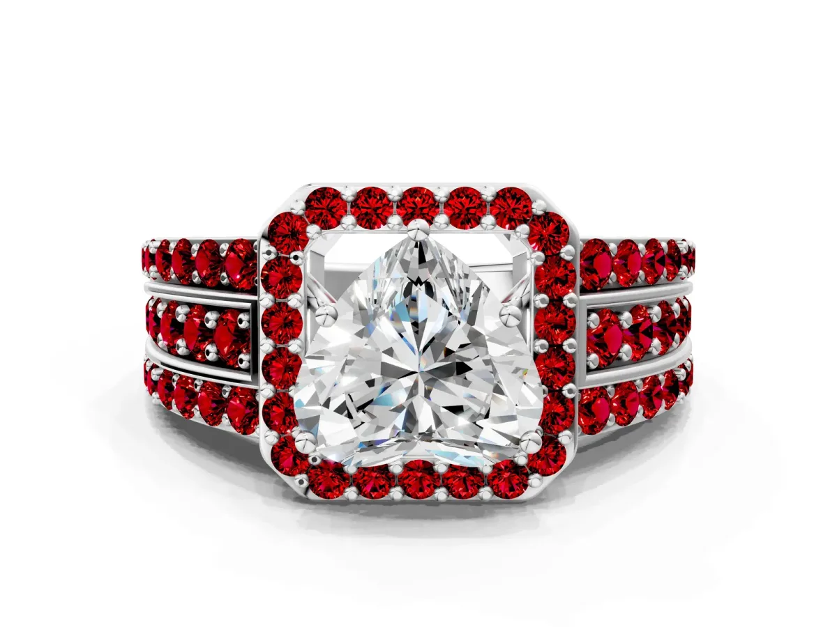 Heart Cut Halo Diamond Ring with Round Ruby Split Shank and Prong Setting Platinum
