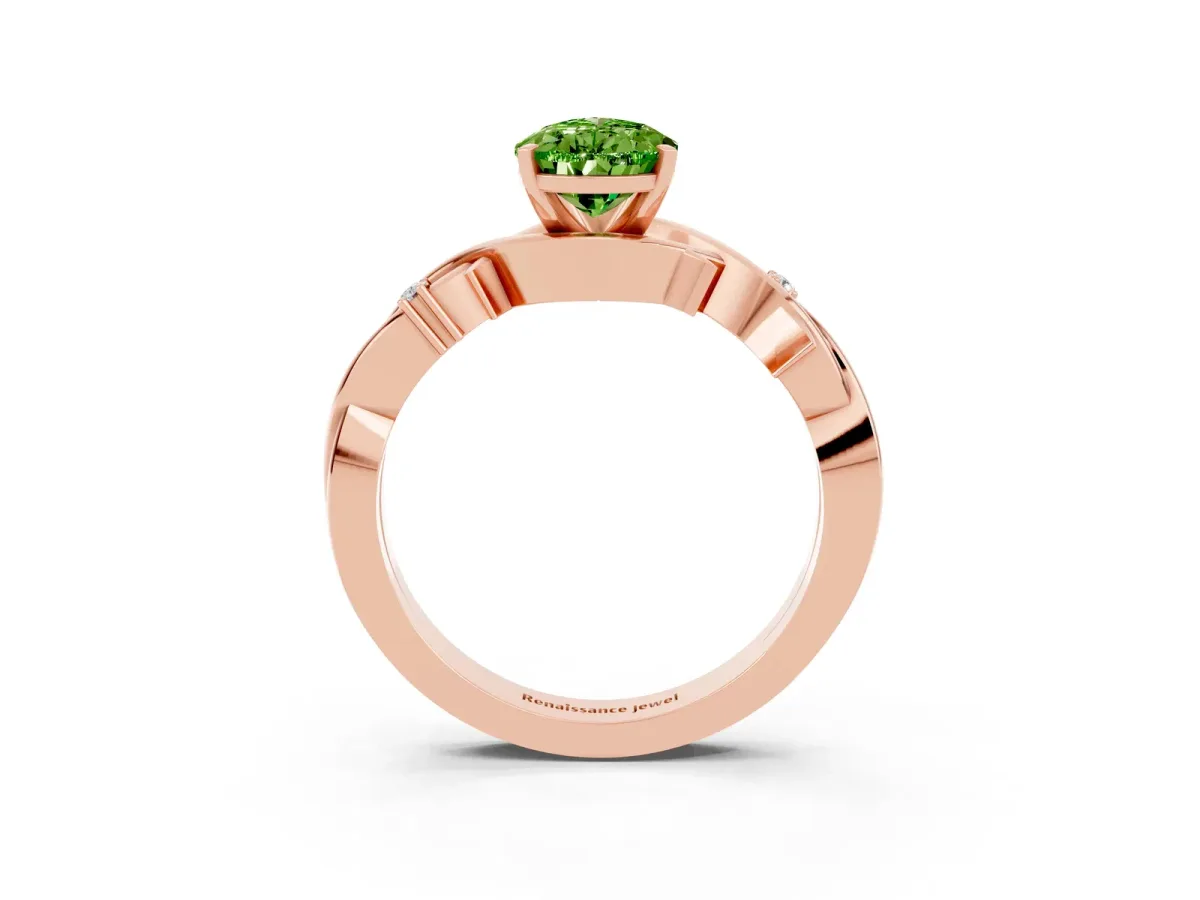 Pear Cut Peridot Solitaire Ring with Twisted Band and Prong Setting Rose gold