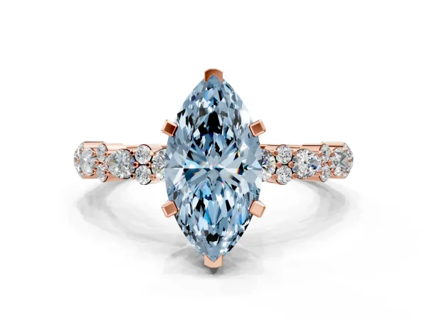Fancy Blue Marquise Cut Diamond Side Stone Solitaire Ring with Round and Four-Prong Setting Rose gold
