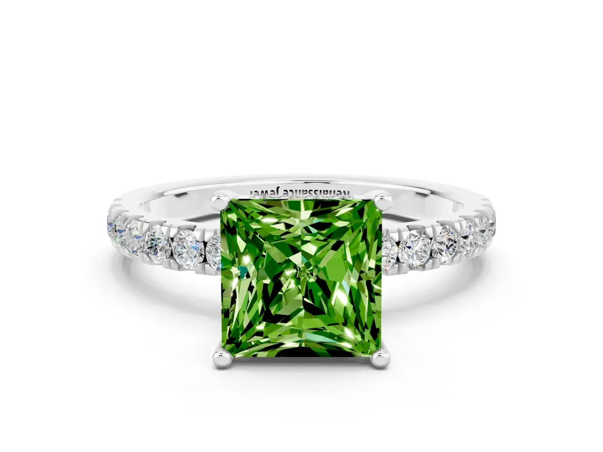 Princess Cut Peridot Pave Band Solitaire Ring with Round and Prong Setting Platinum