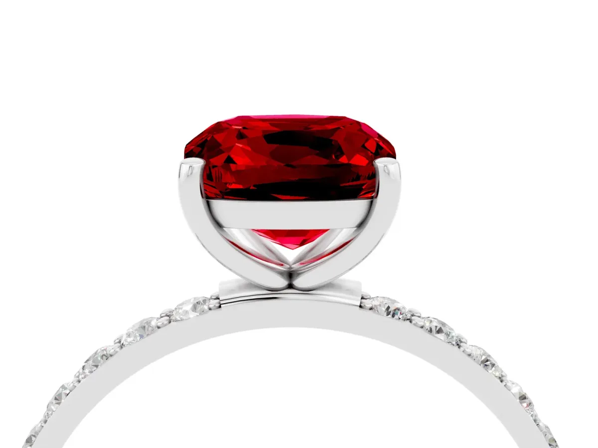 Cushion Cut Ruby Solitaire Ring with Round Pavé Band and Prong Setting Silver