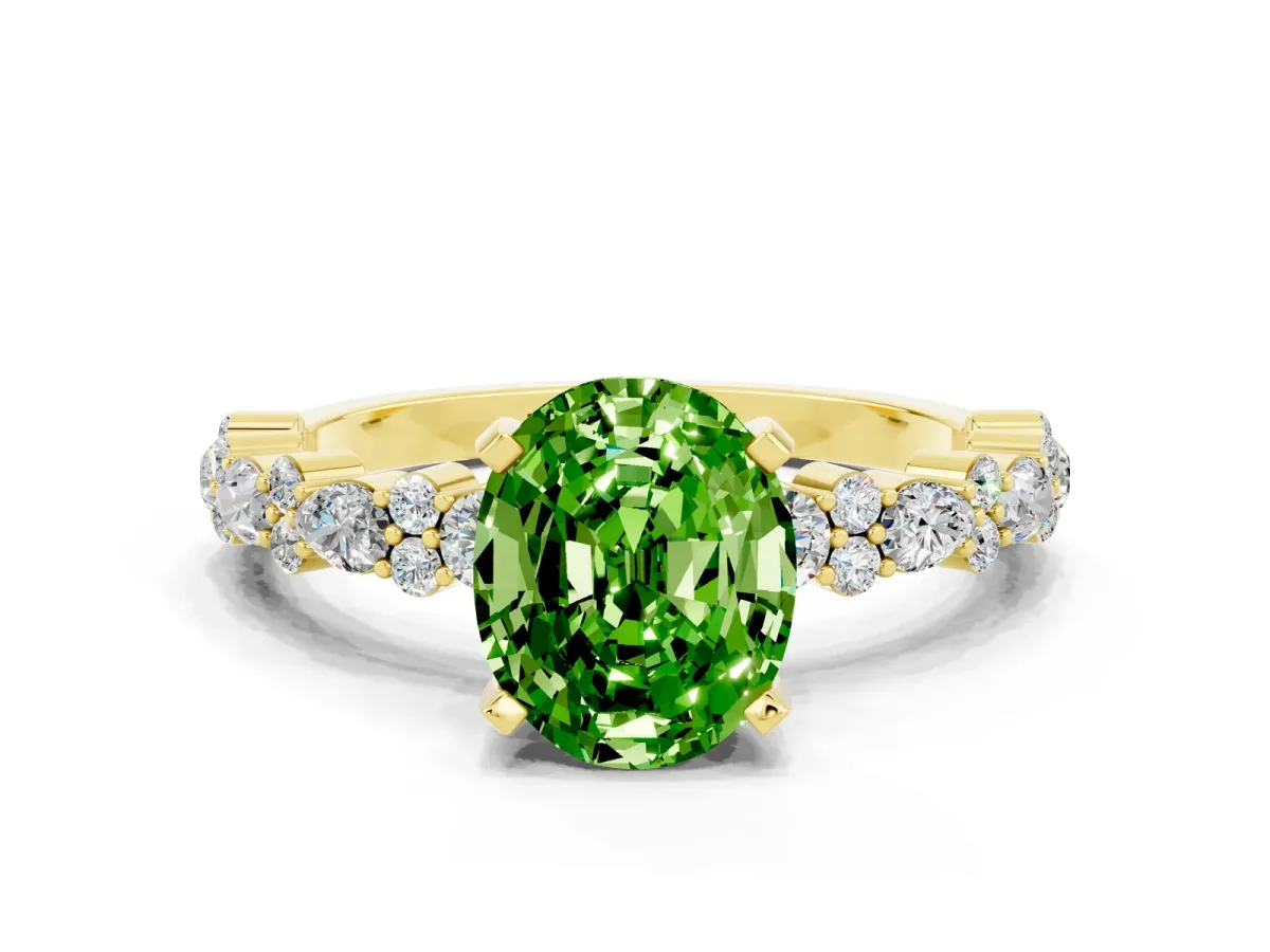 Oval Cut Peridot Side Stone Solitaire Ring with Round and Four-Prong Setting Yellow gold