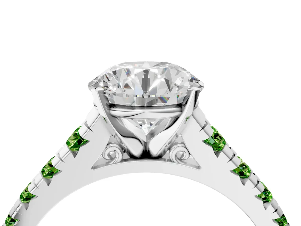 Round Cut Diamond Cathedral Solitaire Ring with Round Peridot Pavé Band Silver