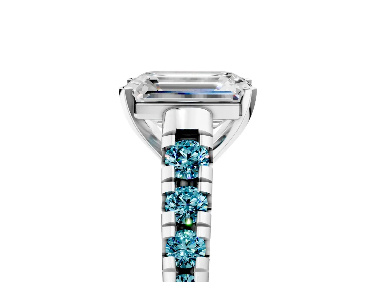 Emerald Cut Diamond Cathedral Solitaire Ring with Round Blue Topaz Pavé Band Silver