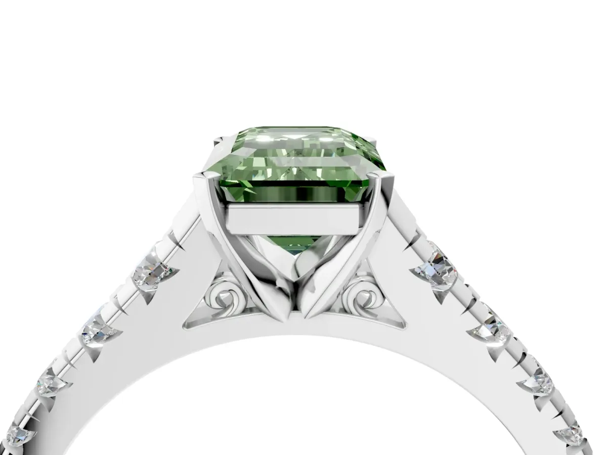 Fancy Green Emerald Cut Diamond Cathedral Solitaire Ring with Round Pavé Band Platinum