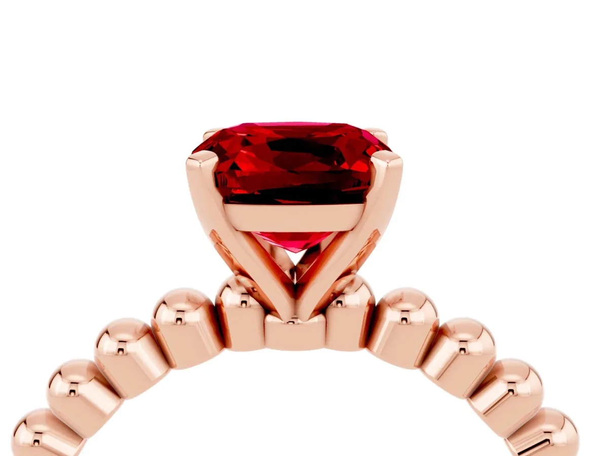 Cushion Cut Ruby Solitaire Ring with Beaded Band and Prong Setting Rose gold