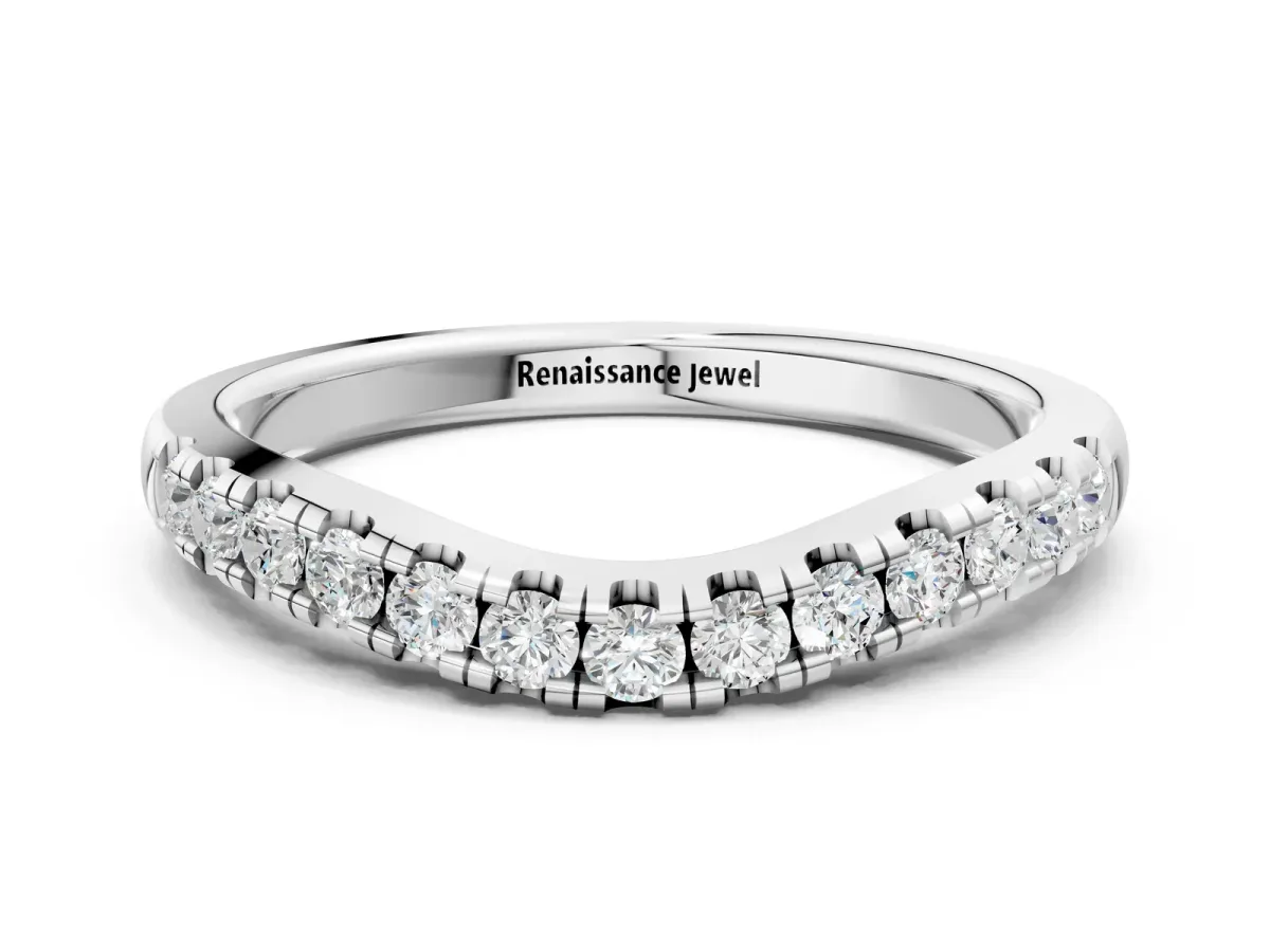 Pavé Set Round Diamond Curved Band with Shared Prong Setting Silver