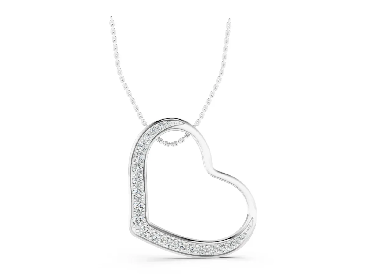 Pavé Round Diamond Open Heart Pendant Silver