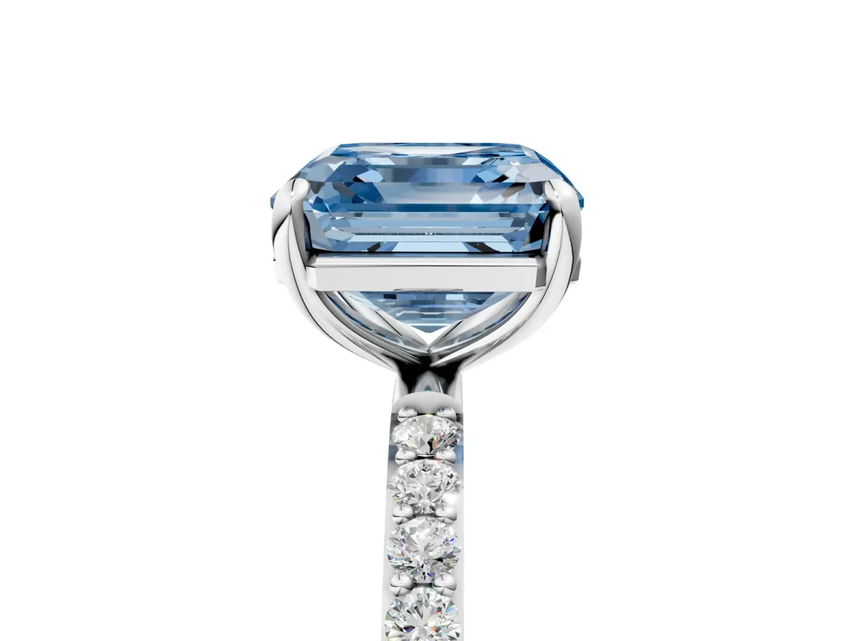 Fancy Blue Asscher Cut Diamond Solitaire Ring with Round Pavé Band and Prong Setting Platinum