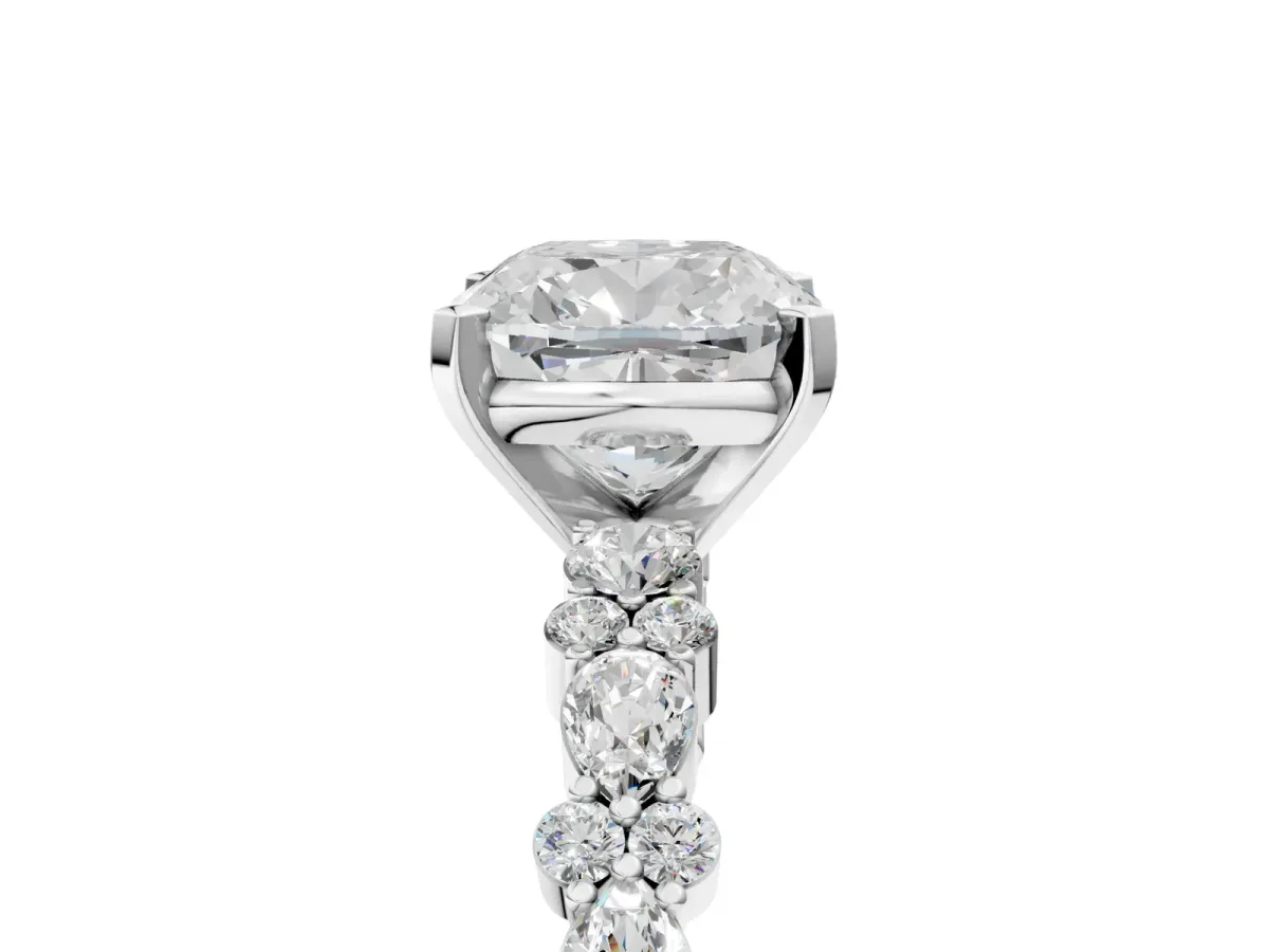 Cushion Cut Diamond Side Stone Solitaire Ring with Round and Four-Prong Setting White gold