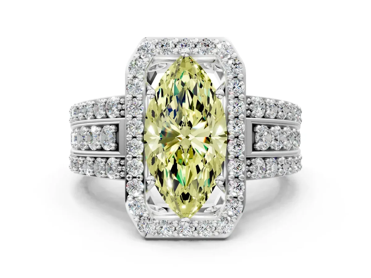 Fancy Yellow Marquise Cut Halo Diamond Ring with Round Split Shank and Prong Setting Platinum