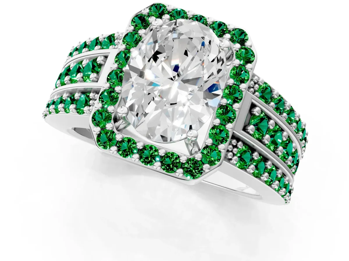 Oval Cut Halo Diamond Ring with Round Emerald Split Shank and Prong Setting Silver