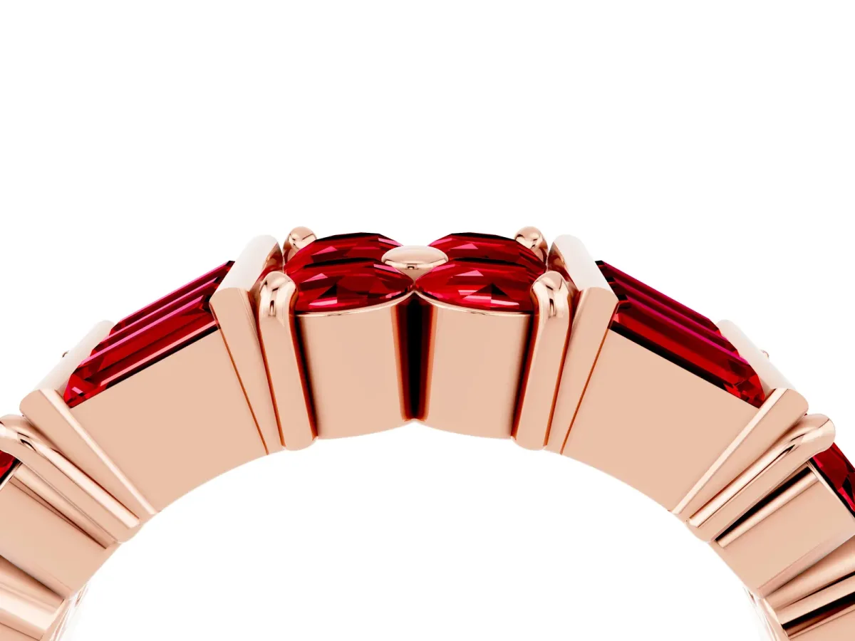 Channel Set Round and Baguette Ruby Anniversary Band with Prong Setting Rose gold