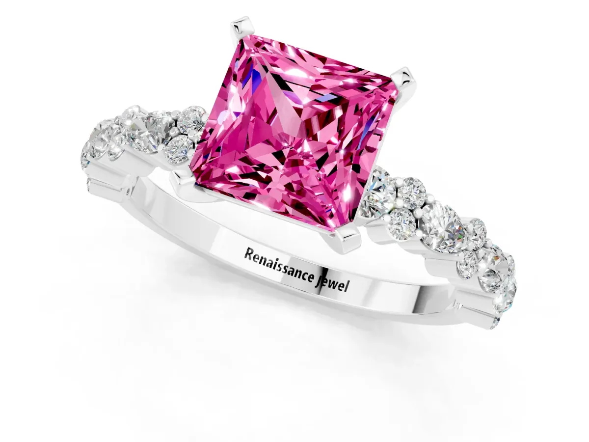Princess Cut Pink Sapphire Side Stone Solitaire Ring with Round and Four-Prong Setting Silver