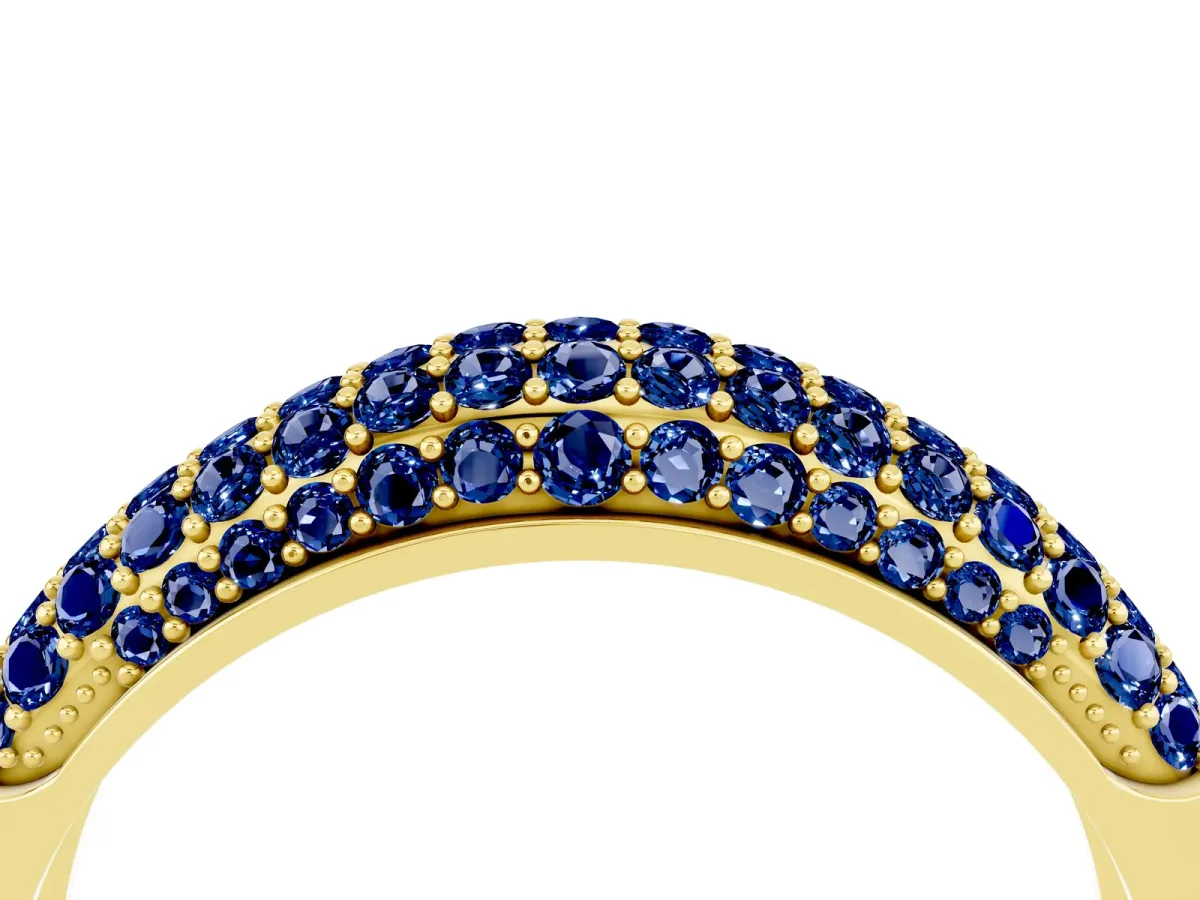 Three-Row Pavé Round Blue Sapphire Dome Band Yellow gold