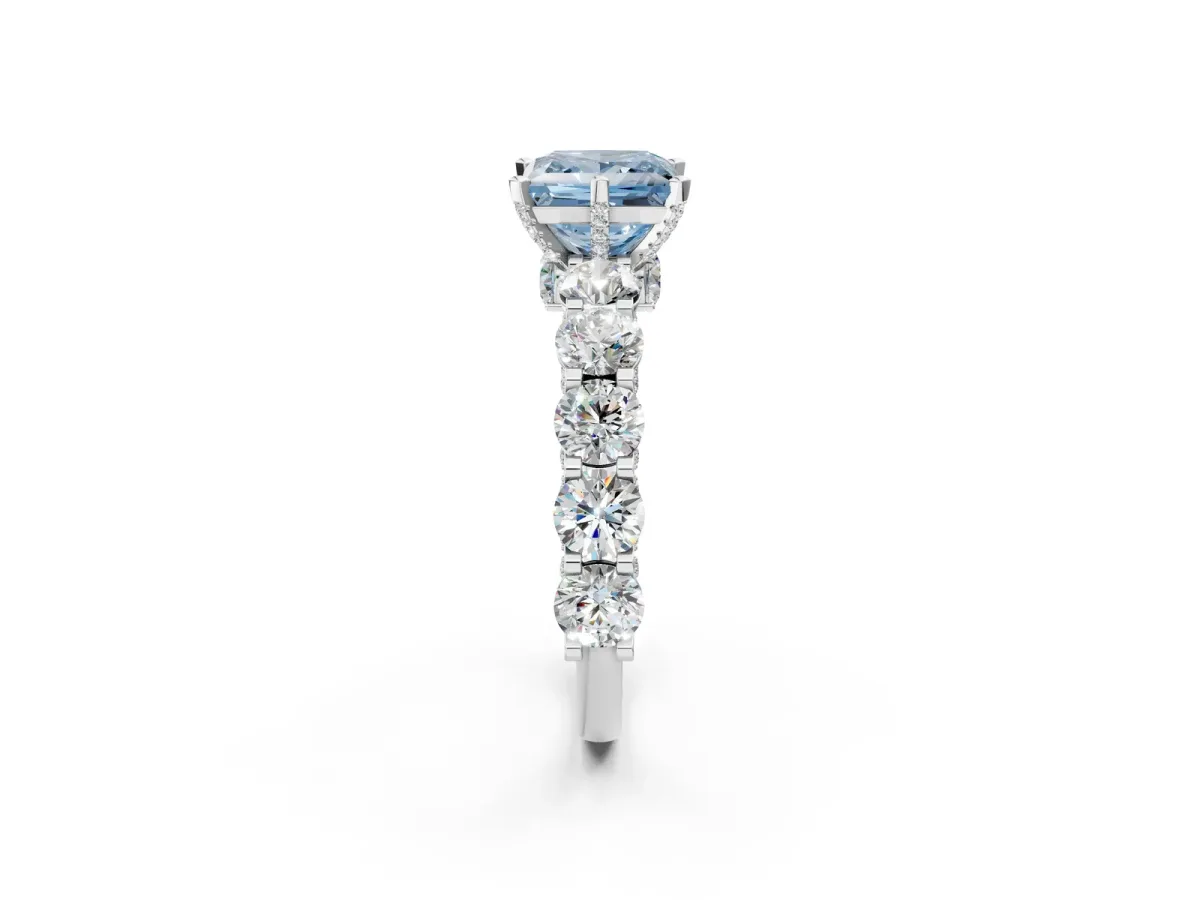 Fancy Blue Princess Cut Diamond Side Stone Engagement Ring with Four-Prong Setting White gold