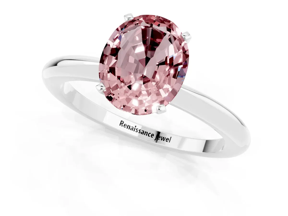 Oval Cut Morganite Solitaire Ring with Six-Prong Setting and Classic Band Platinum