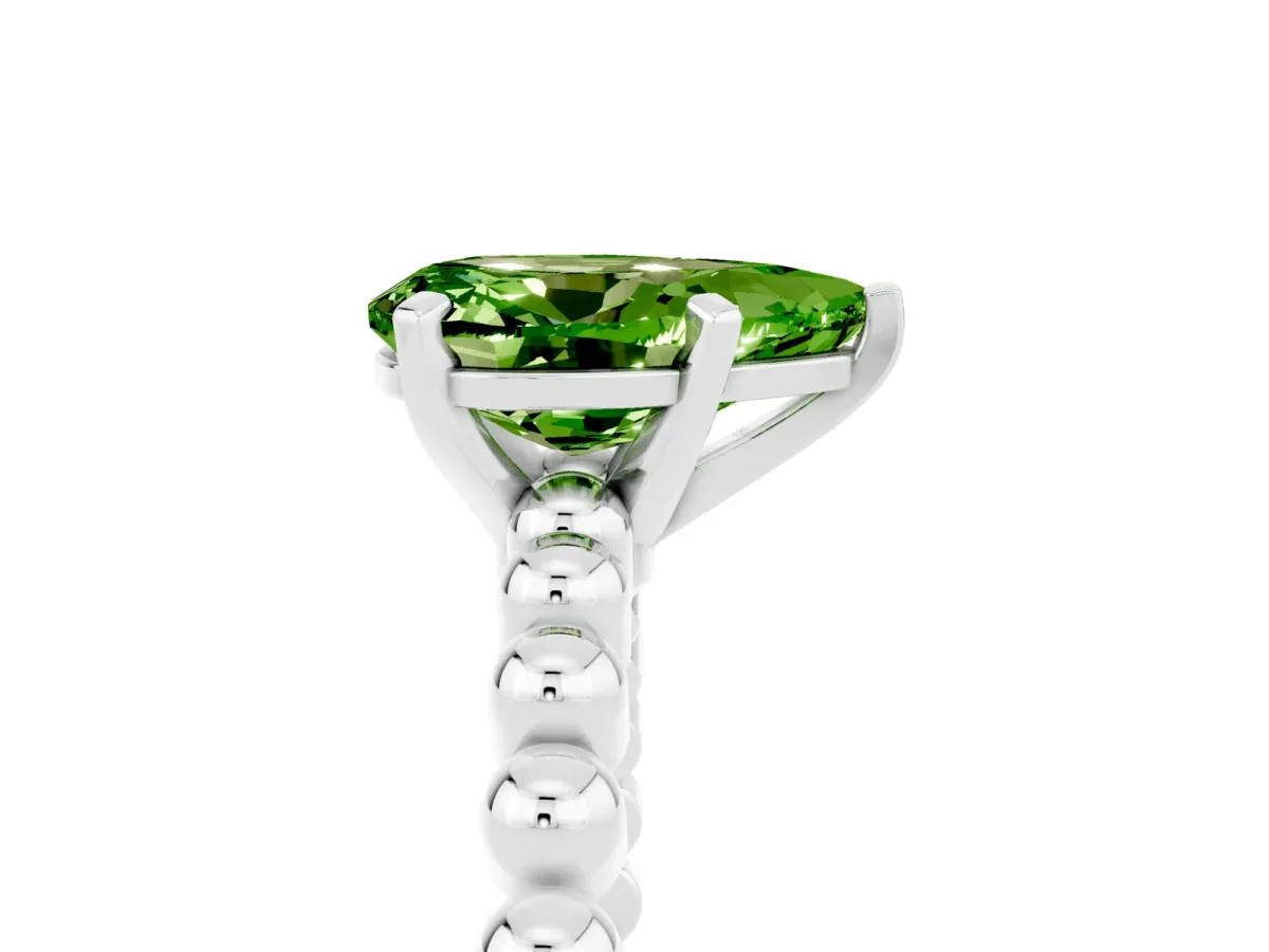 Pear Cut Peridot Solitaire Ring with Beaded Band and Prong Setting White gold