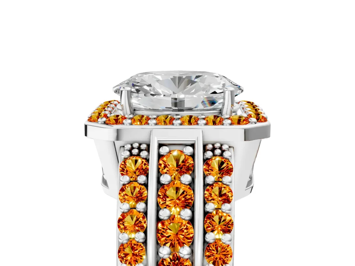 Oval Cut Halo Diamond Ring with Round Citrine Split Shank and Prong Setting Silver