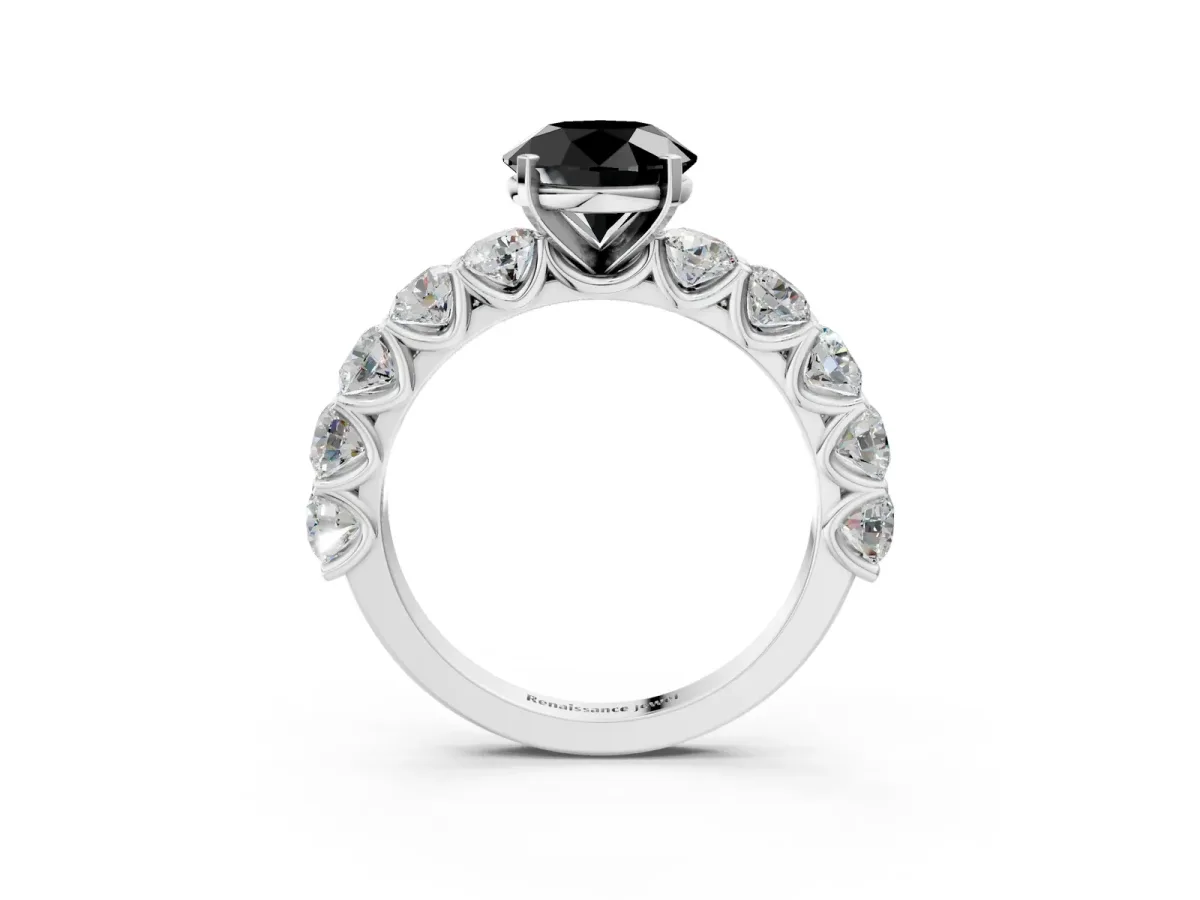 Fancy Black Round Cut Diamond Prong Setting with Side Stones on a Pave Band Silver