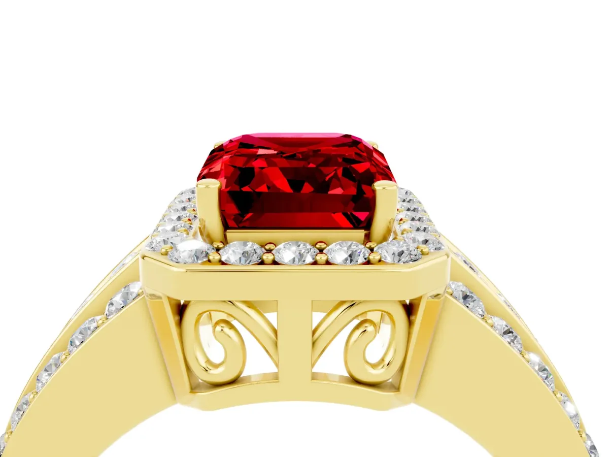 Emerald Cut Halo Ruby Ring with Round Split Shank and Prong Setting Yellow gold