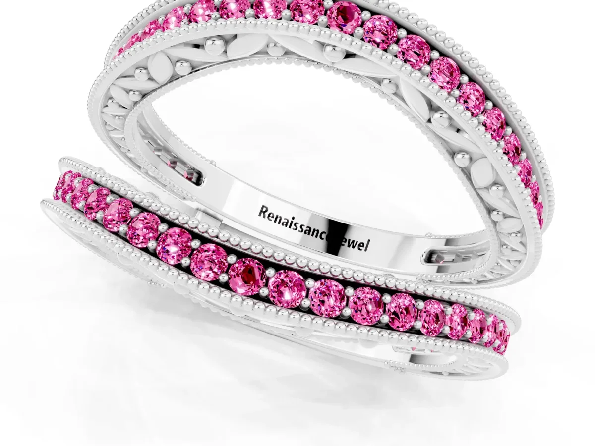 Round Pink Sapphire Milgrain Eternity Band with Channel Setting Silver