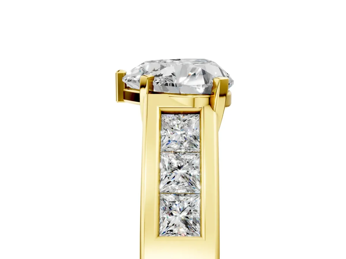 Heart Cut Cut Channel Set Solitaire Ring with Four-Prong Setting Yellow gold