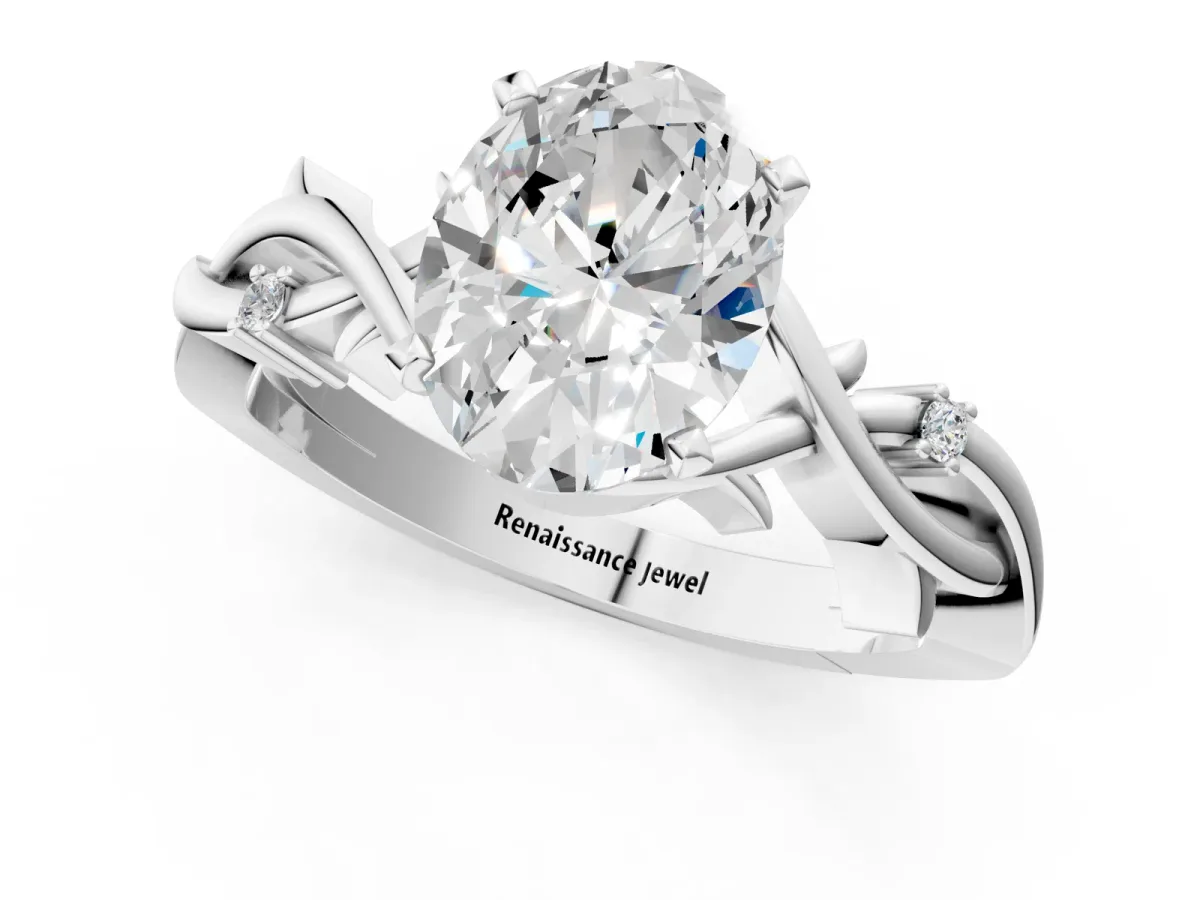 Oval Cut Diamond Solitaire Ring with Twisted Band and Prong Setting Silver