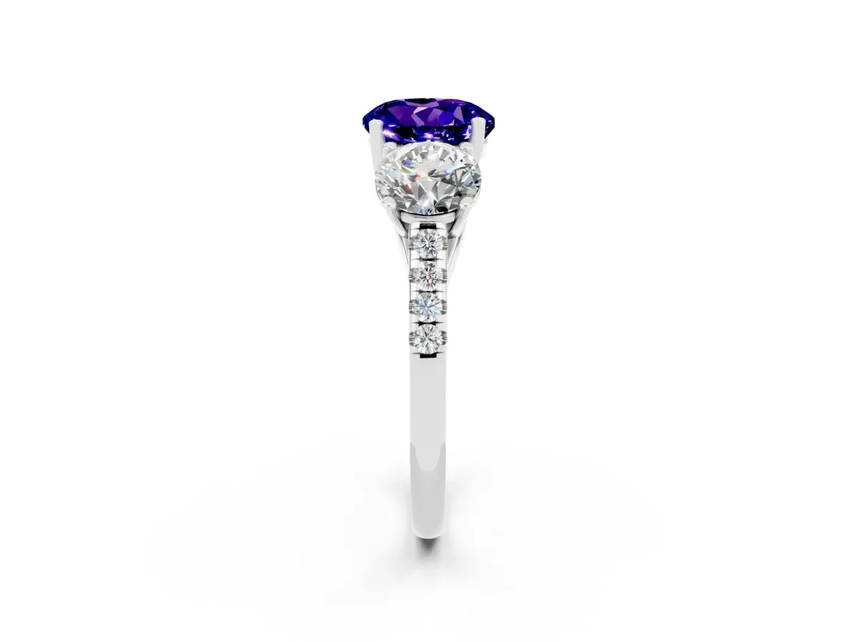 Three-Stone Round Cut Tanzanite Ring with Round Pavé Band and Prong Setting Silver