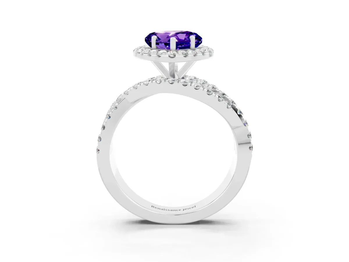 Heart Cut Tanzanite Halo Ring with Round Split Shank and Prong Setting Platinum