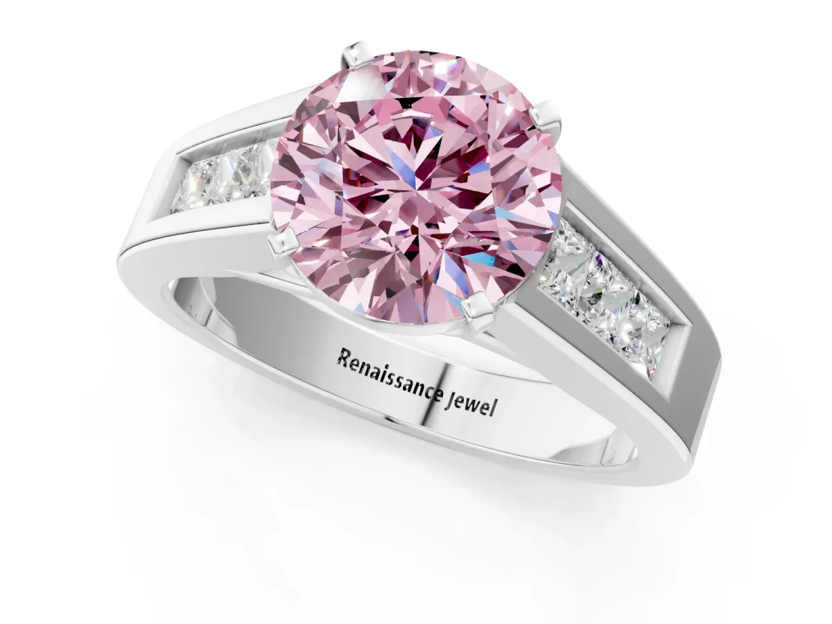 Fancy Pink Round Cut Cut Channel Set Solitaire Ring with Four-Prong Setting Platinum