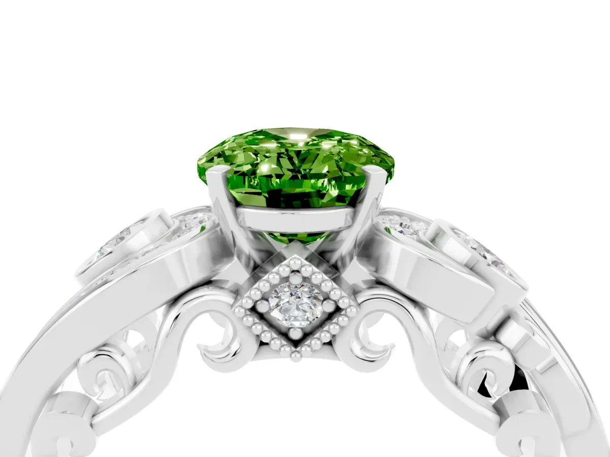 Oval Cut Peridot Solitaire Ring with Milgrain Pavé Band and Four-Prong Setting Silver