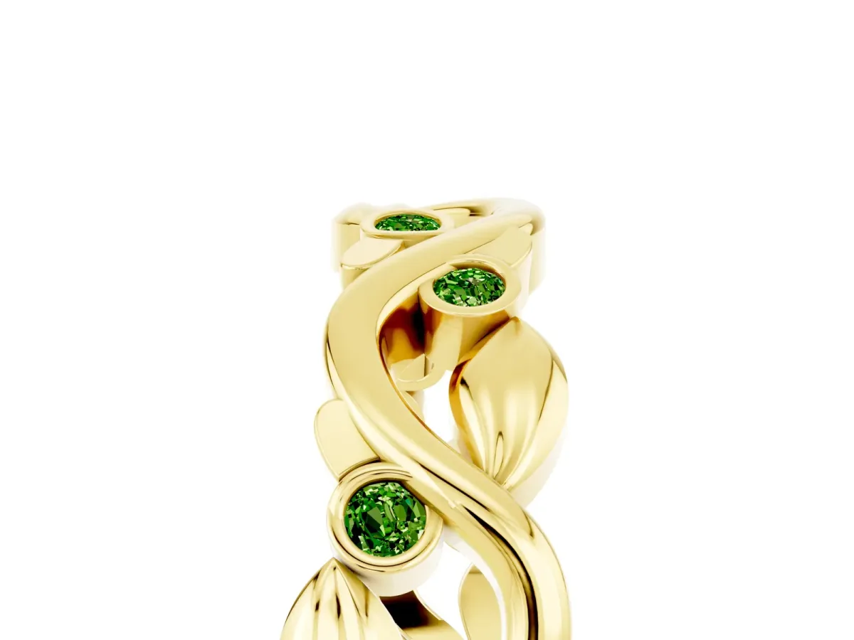 Round Peridot Leaf Eternity Band with Bezel Setting Yellow gold