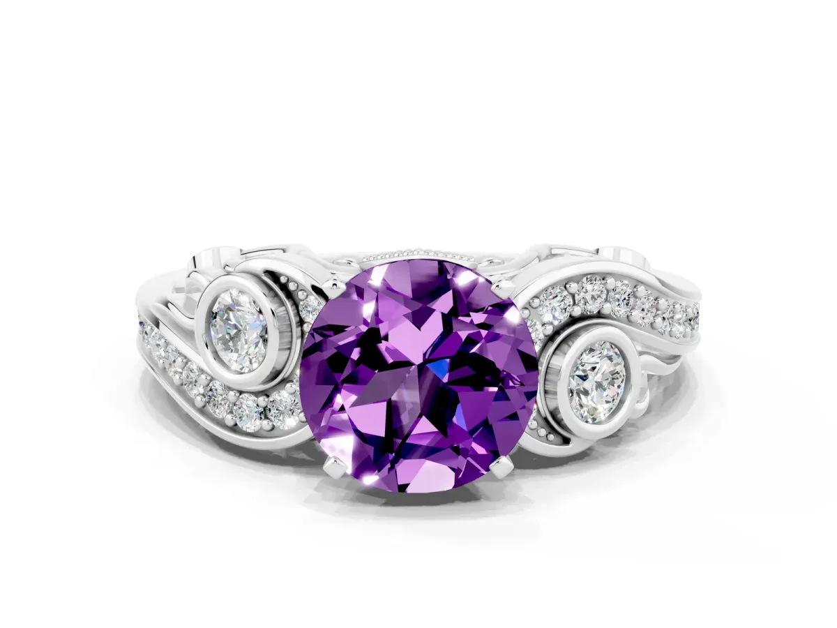 Round Cut Amethyst Solitaire Ring with Milgrain Pavé Band and Four-Prong Setting Silver